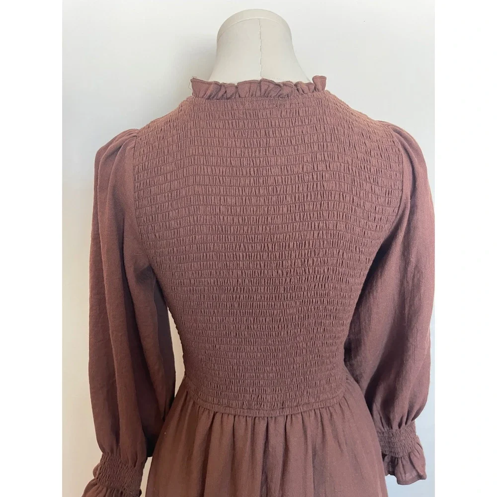 IVY CITY Chocolate Brown Girls Smocked Long Sleeve Dress Pockets Mock Neck 13/14